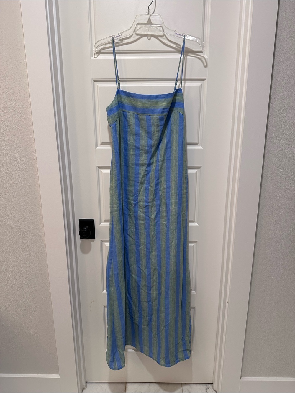 STAUD Blue and Green Striped Spaghetti‑Strap Maxi Dress